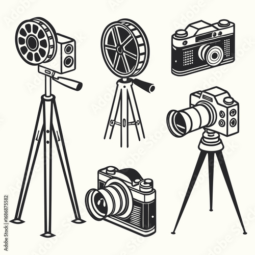 Vintage film cameras and reels retro cinema