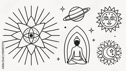 Mystical Celestial Collection Featuring Spiritual Meditation Sun Moon Stars and Cosmic Planetary Designs A Hand Drawn Artistic Compilation