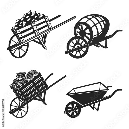 Wooden carts and wheelbarrows with produce and barrel