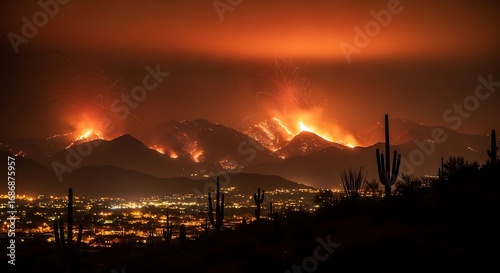 Night wildfire with desert mountains.