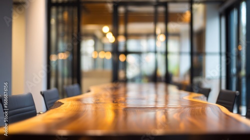 Blurred conference room with long wooden table and chairs office interior.