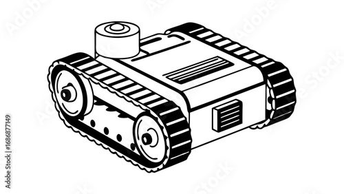 Illustration of a tracked vehicle robot tank crawler with treads and a cylindrical top in black and white isolated on transparent background 