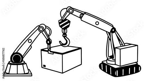 Robotic arm crane lifting box industrial automation machine manufacturing engineering technology equipment system isolated on transparent background 