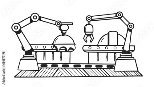 Robotic assembly line automation manufacturing process industry machine arm technology production system factory isolated on transparent background 