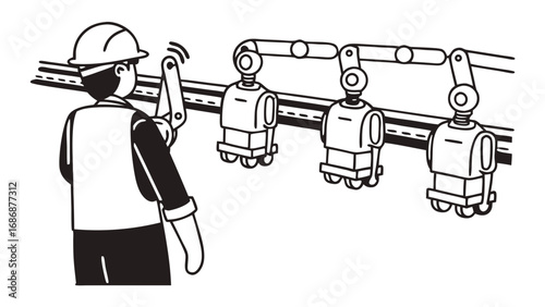 Worker robot factory automation manufacturing industry engineering production line technology safety helmet arm line isolated on transparent background 