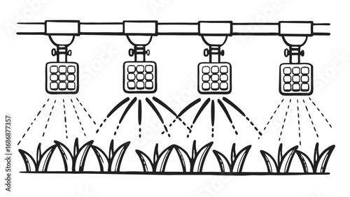 Irrigation system watering grass lawn with sprinklers for agriculture and landscaping maintenance design isolated on transparent background 