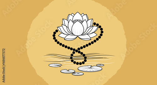 Spiritual symbol of a white lotus flower and mala beads.