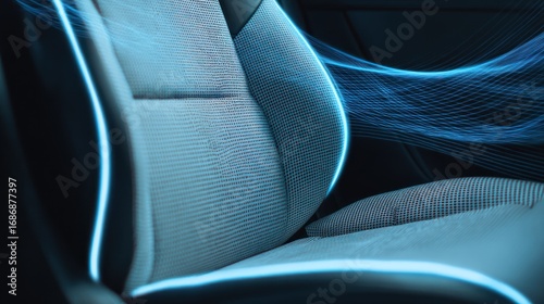 Car seat with blue ambient lighting detail interior automotive comfort modern.