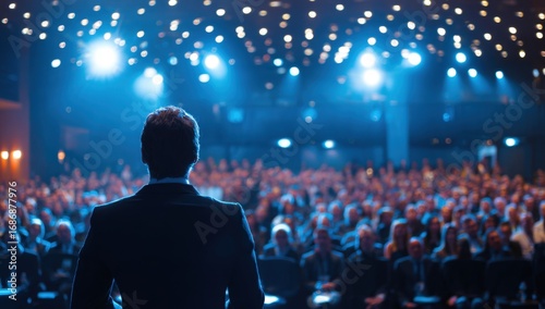 A speaker stands at a podium facing a large crowd in a darkened auditorium filled with blue lights. The audience is attentive, focused on the presentation in an evening setting