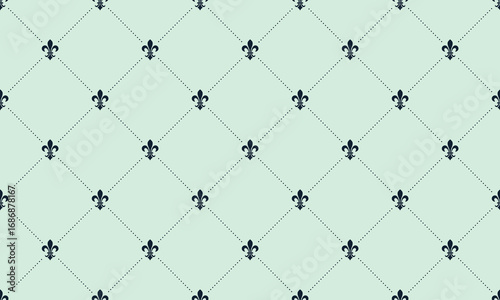 Elegant seamless pattern featuring dark fleurdelis on a pale green background.  Perfect for sophisticated designs,  wallpaper, textiles, and branding.