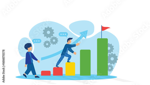 Business growth and success teamwork climbing bar chart to goal flag illustration