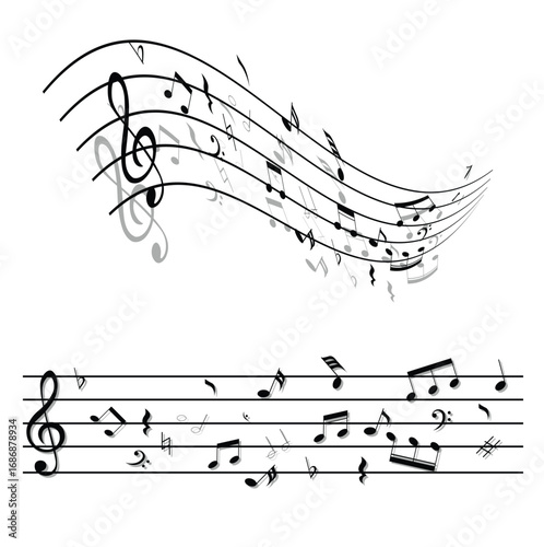 Musical notes and staff lines with treble clef vector illustration