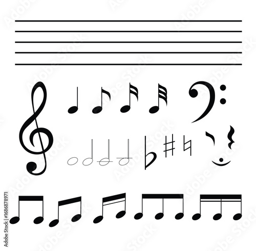 Music symbols set with staff lines notes clefs and rests vector illustration