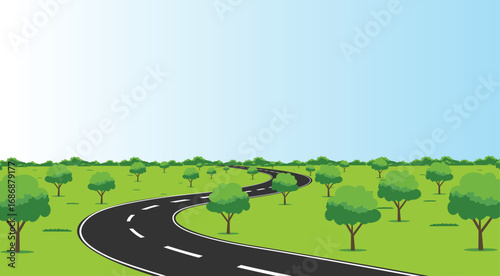 Winding road through green fields with trees and blue sky illustration