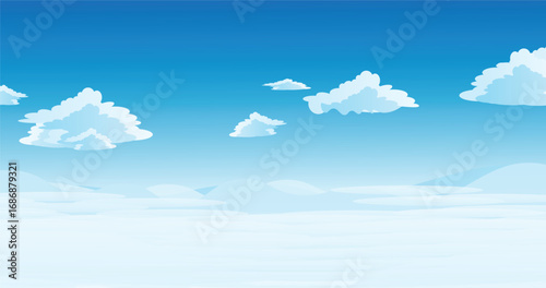 Cartoon sky background with blue gradient and fluffy clouds