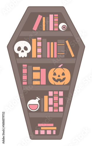 фотографія Halloween Coffin Bookshelf PNG - Cute Halloween Bookcase Clipart with Pumpkin, S