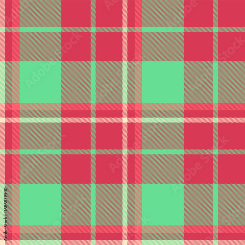 Vibrant plaid pattern featuring red, green and beige. Useful for backgrounds, textiles, fashion, or graphic design projects requiring a traditional yet modern touch.
