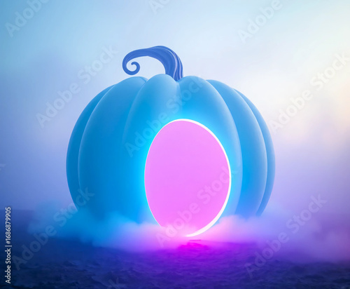 Surreal blue pumpkin house with glowing pink doorway, fantasy magical home concept.
