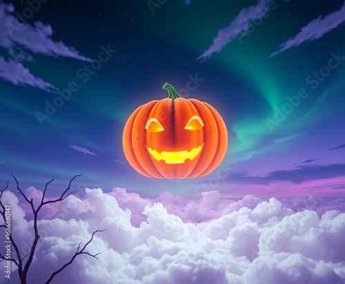 Bright glowing jack-o'-lantern floating in the night sky with aurora and dreamy clouds, Halloween fantasy concept.
