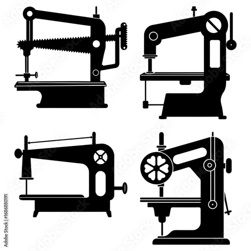 Four vintage sewing machines in black silhouette showcasing different mechanical designs and styles