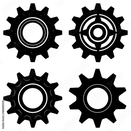 Four black gears with varying designs and tooth counts arranged on a white background in a square formation
