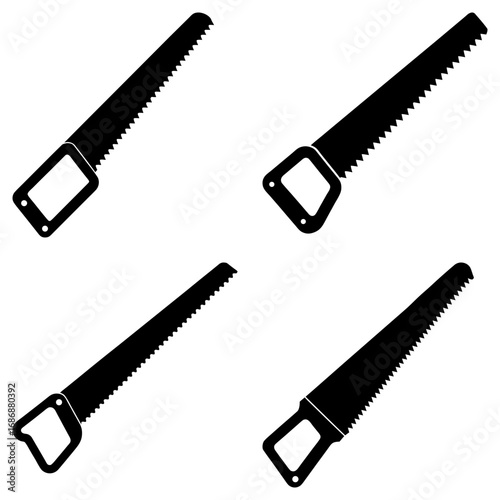 Four black silhouette hand saws with rectangular handles arranged on a white background in a pattern