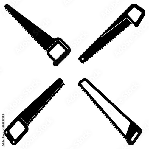 Four black and white hand saws arranged in a symmetrical pattern on a white background image design