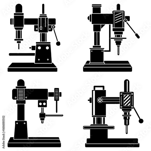 Four black and white illustrations of different types of drill presses in varying orientations