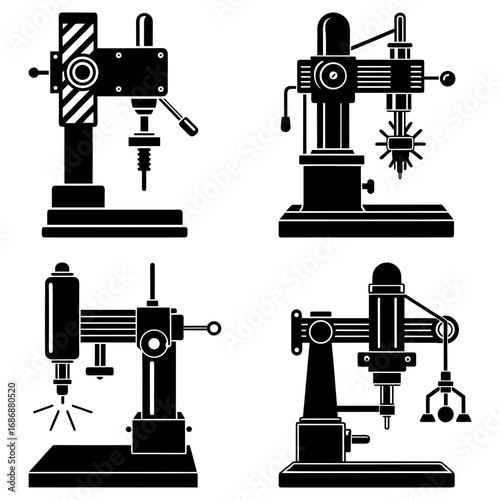 Illustration showing four different industrial drilling machines in black and white design style drawing
