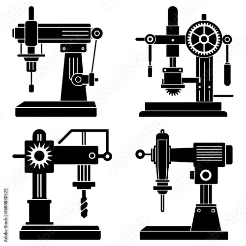 Illustration showcasing four distinct black and white drill press machine designs in silhouette style format