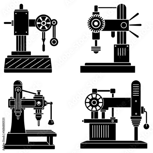 Illustration showing four black and white mechanical drill press machines in different configurations