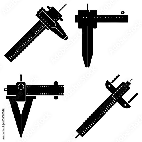 Illustration showing four different views of a caliper tool in black and white design style