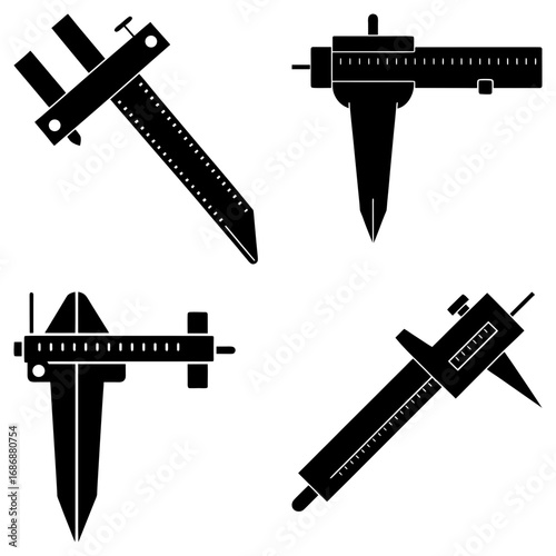 Four black and white caliper tool illustrations arranged in a square pattern on a white background