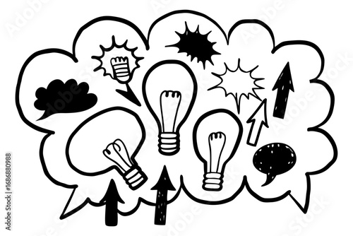 Vector hand drawn doodle sketch of creative marketing ideas isolated on white background