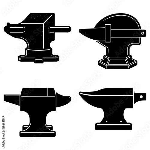 Illustration of four different styles of black anvils on a white background in a square layout