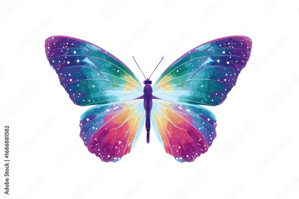 Obraz premium Colorful butterfly illustration with vibrant hues of blue, purple, and orange, showcasing intricate wing patterns and a celestial theme, perfect for nature-inspired designs and artwork