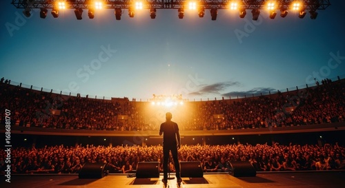 Silhouette of performer on stage, bathed in golden light, before a large crowd