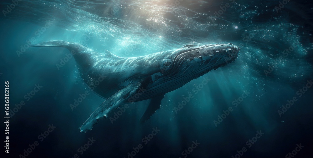 Fototapeta premium A large humpback whale glides serenely through the deep blue ocean, surrounded by shafts of light filtering from the surface. Its massive body moves with grace in the tranquil waters