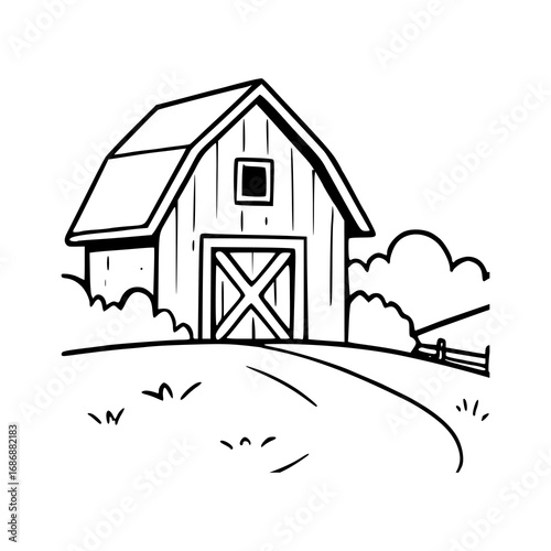 rural countryside barn with bushes and road