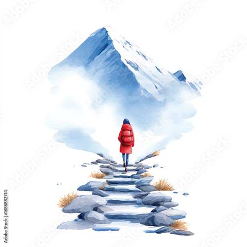 Watercolor Illustration of a Woman Hiking Up a Snowy Mountain Path