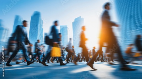 A busy city street with people walking and carrying bags. Concept of hustle and bustle, with people going about their daily lives