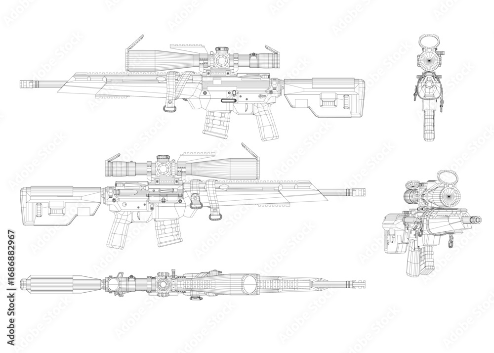 Obraz premium Modern sniper rifle blueprint with detailed wireframe design, scope mounted on top, extended barrel, and clearly visible components.