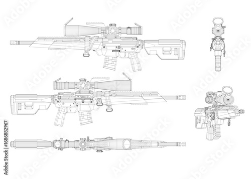 Modern sniper rifle blueprint with detailed wireframe design, scope mounted on top, extended barrel, and clearly visible components.
