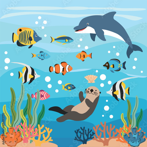 Colorful Underwater Scene with Sea Creatures Including Fish, Dolphin, and Otter Amidst Coral Reef