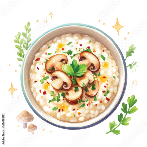 Watercolor Illustration of Creamy Mushroom Risotto Garnished with Fresh Parsley