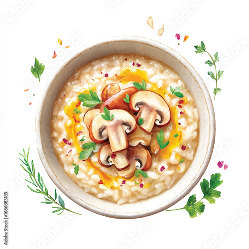 Watercolor Illustration of Creamy Mushroom Risotto Garnished with Fresh Herbs