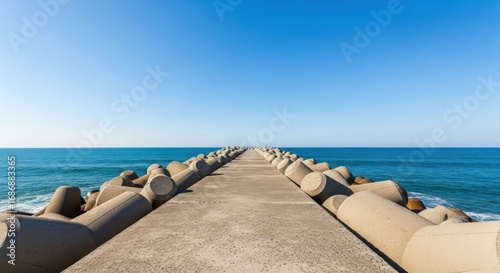 Wide concrete breakwater leading to horizon