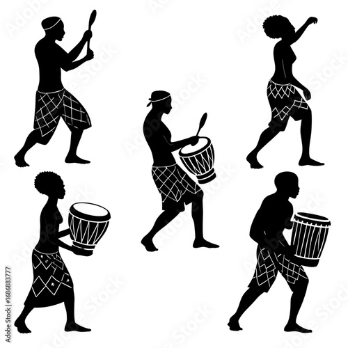 African dancers playing drums drumming silhouettes