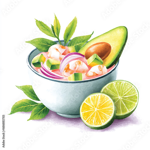 Watercolor Illustration of Fresh Ceviche with Avocado and Lime Slices