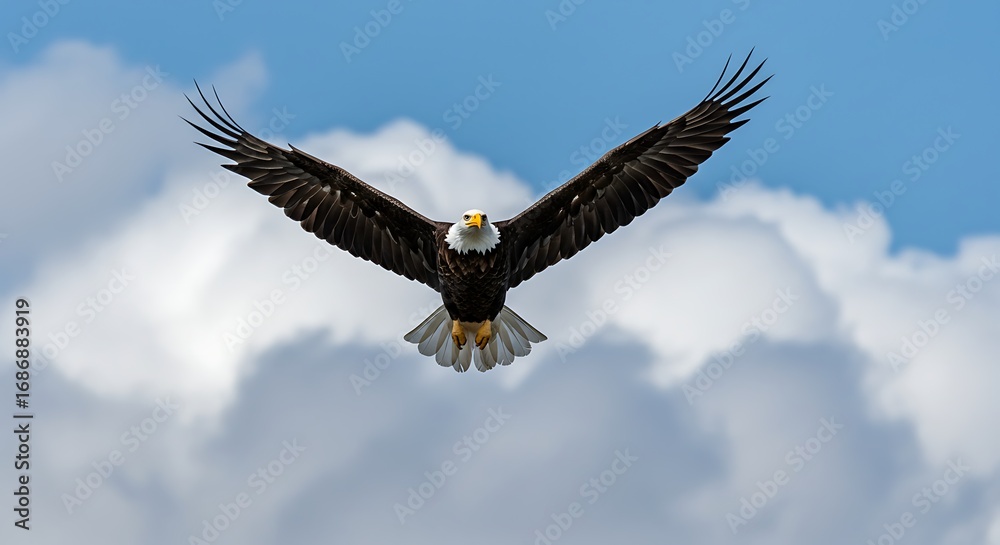 Naklejka premium Bald eagle soaring through clouds